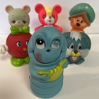 6 Vintage Baby Squeaky Toy Lot Bear  Apple  Bunny  Caterpillar