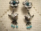 Love Bird   Flower W Turquoise Earrings Sterling Silver Frida Kahlo Taxco Mexico