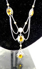 Antique Sterling Czech Lavalier Necklace Amber Glass Stones 18 Inch