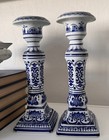 Vintage Hand Painted Delft Blue Candlestick Holders Set Of 2  Tall 10 5 