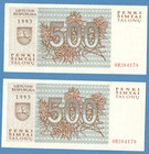 Lithuania Consecutive Numbers Pair 500 Talonu 1993 Unc Wolves 3936