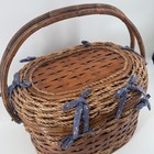 Vintage Woven Sewing Basket W  Bamboo Handle Blue Quilted Liner 18  Cottagecore