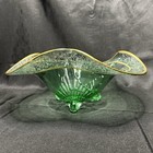 Antique  Vtg  Green Glass Footed Console Bowl W Gold Gilt   Etched Trim Wavy Top