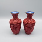 Pair Vtg 6  Carved Red Cinnabar Lacquer Blue Enamel Vase Pre 1945