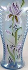 Fenton 11  Feather Vase  Hand Painted Irises On Iridescent Blue Glass  Signed