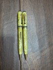 Vintage Fountain Pen   Mechanical Pencil Set Yellow  Green Marbled Celluloid