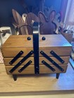 Vintage Sewing Box Wood Basket 3 Tier Accordion W  Legs Dovetailed Poland