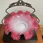Antique Victorian Silverplate Brides Basket Stand W  Cranberry Glass Bowl Ornate