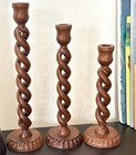 Set Of 3 Barley Twist Wood Candle Holders  Graduated Open Spiral Turned