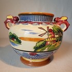 Japanese Cache Pot Planter Double Rabbit Bunny Handles Handpainted Windmill 5 5 
