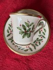 Vintage Lenox Holiday China Cup   Saucer Set Holly Print Gold Trim