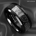 8mm Classic Silver Celtic Dragon Black Tungsten Carbon Ring Atop Men   s Jewelry