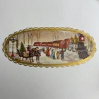 Vintage Mid Century Christmas Greeting Card Oval Shape Villagers Waving To Train