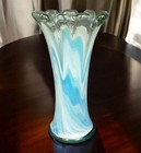 Murano Style Vtg Hand Blown Swung Art Glass Vase Blue White Swirl Ruffle Rim 11   