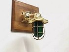 Vintage Nautical Brass Wall Light With Green Glass   Marine Bulkhead Fixture 2pc