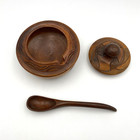 Hand Carved Turned Wood Bowl With Lid And Curved Spoon