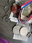 Vintage Junk Drawer Pin Keychains Tokens Baseball Cards Belt Buckle Watch Lot
