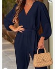 Womens Long Sleeve  Long Pants  Romper Jumpsuit  V-neck  Belt  Pockets