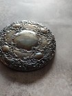 Vintage Silver Plate Repousse Hand Compact Mirror Cosmetic Vanity 3 1 4  Dia