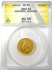 1854 Three Dollar Indian Gold Coin  3 - Certified Anacs Au55 Details - Rare Coin