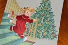 Vintage Unused Christmas Card Pretty Girl Flocked Red Velvet Tree Mid-century
