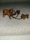 Vtg English French Bulldog Dog Figurines Wooden Mommy 2 Puppies Chain Dogs Small