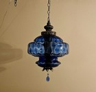 Cobalt Vintage Blue Quilted Glass Falkenstein Hanging Light Swag Lamp Retro 