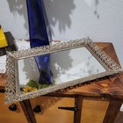 Vtg Rectangle Mirrored Vanity Tray Silver Filigree Mauv Velvet Back Footed 16x11