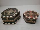 Vintage Handmade Micro Mosaic Trinket Hinged Box Inlaid Wood Hexagon Lot Of 2