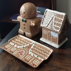 Gingerbread Man House Cookie Jar Tray 3pc Holiday Christmas Decor Set Ceramic