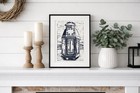 Rustic Lantern Linocut Print Framed Farmhouse Cottage Wall Art