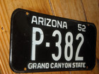 Vintage Arizona License Plate 1952 Grand Canyon State  P-382 Steel Black W slvr