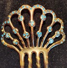 Antique Faux Tortoise Shell Celluloid Hair Comb  Peacock Style W Blue Rhinestone