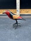 Vintage Hand Carved And Painted Wooden Black Bird W  String Wrapped Wire Feet