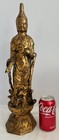 Antique Chinese Gilt Gold Cast Iron Bodhisattva Statue On Lotus Base 19  Tall