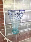 Huge Magnificent Ruffled Crackle Applied Blue Ribbon Art Glass Vase  18    Vtg 70s