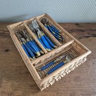 Vintage Laguiole Frence Blue Gold In Ratan Basket Forks Knives Spoons