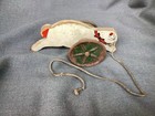 Antique   Vintage     wooden Rabbit    Bunny     Tin Rattle Wheels     Pull Toy