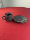 Vtg Hand Carved Wooden Cup Saucer Set Rustic Tribal Folk Art Boho Primitive Wood
