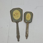 Vintage Antique Celluloid Dresser Set Hand Mirror Hair Brush Floral Vanity 2 Pc