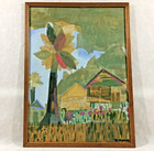 Framed Mixed Media Painting   Tissue Paper Applied Art Landscape Houses 24x18
