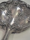 Antique Art Nouveau Silver Plate Hand Mirror Repousse Floral Glass Vanity 6x9 