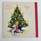Vintage Mid Century Christmas Greeting Card Cute Little Boy W Stocking By Tree