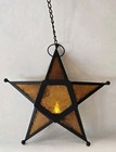 Vtg Moravian Star Hanging Tealight Lamp Lantern Candle Holder Metal Amber Glass