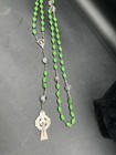 Vintage Irish Rosary Celtic Crucifix Green Glass Shamrock Beads Religious