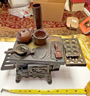 Old Vintage Iron Metal Child Toy Doll Crescent Stove Oven W Accessories Lot