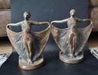 Vtg Bronze Finish Great Patina Flowing Dress Lady Bookends 9  Tall Art Deco 1920