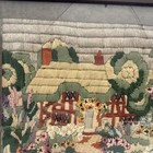 Antique 1900s Framed Crewel Embroidery Art English Cottage With Flower Garden