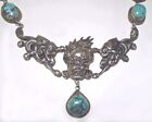 Antique Repousse Sterling 925 Nepalese Dragon Tibetan Turquoise Necklace