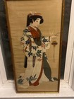 Vintage Japanese Geisha Silk Painting Framed 27 5x13 5 Kimono Woman Asian Art